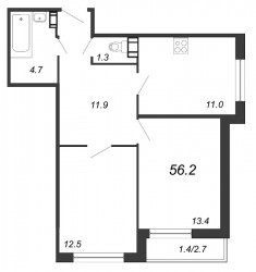 Двухкомнатная квартира 56.8 м²