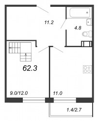 Двухкомнатная квартира 62.9 м²