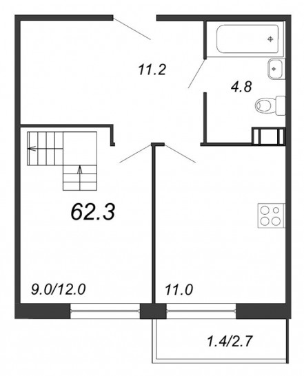 Двухкомнатная квартира 62.9 м²
