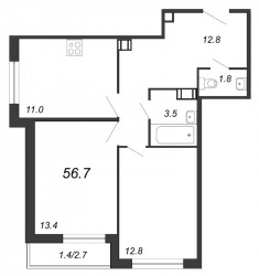 Двухкомнатная квартира 56.7 м²