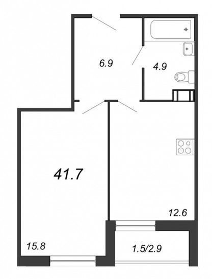 Однокомнатная квартира 41.7 м²