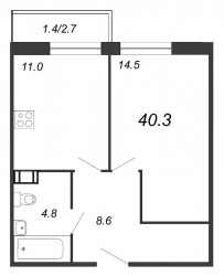 Однокомнатная квартира 40.2 м²